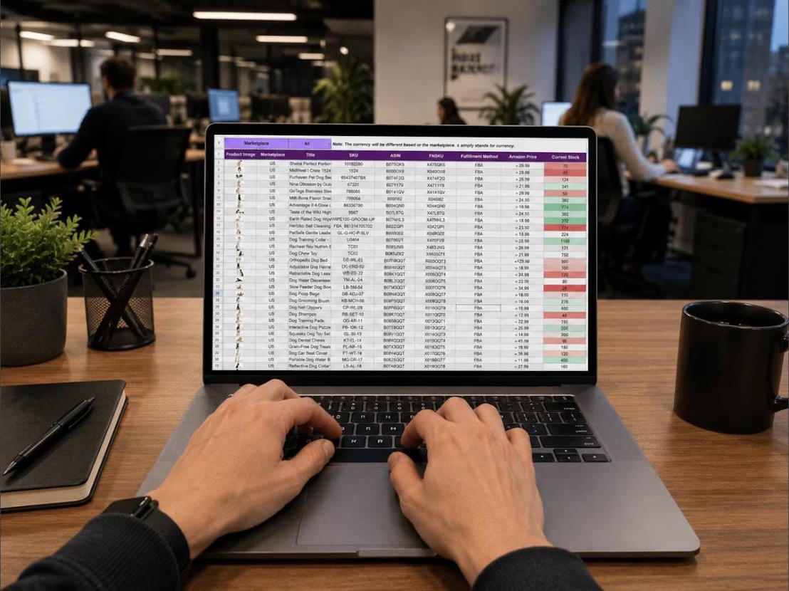 An agent's laptop showing a dense spreadsheet of client and policy data, in a busy office