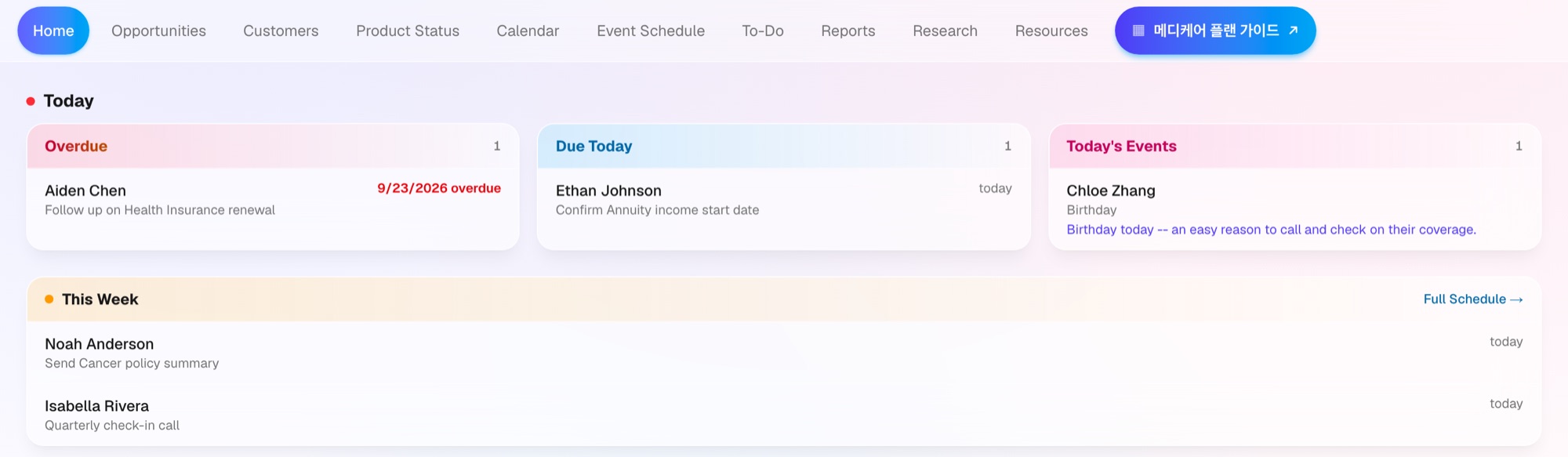 The CRM's Today screen: an overdue health-insurance renewal follow-up, an annuity task due today, and a client birthday